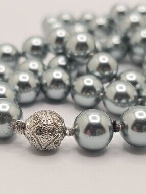 VTG Gray Blue Glass Faux Pearl Necklace Knotted 40" Ornate Clasp
